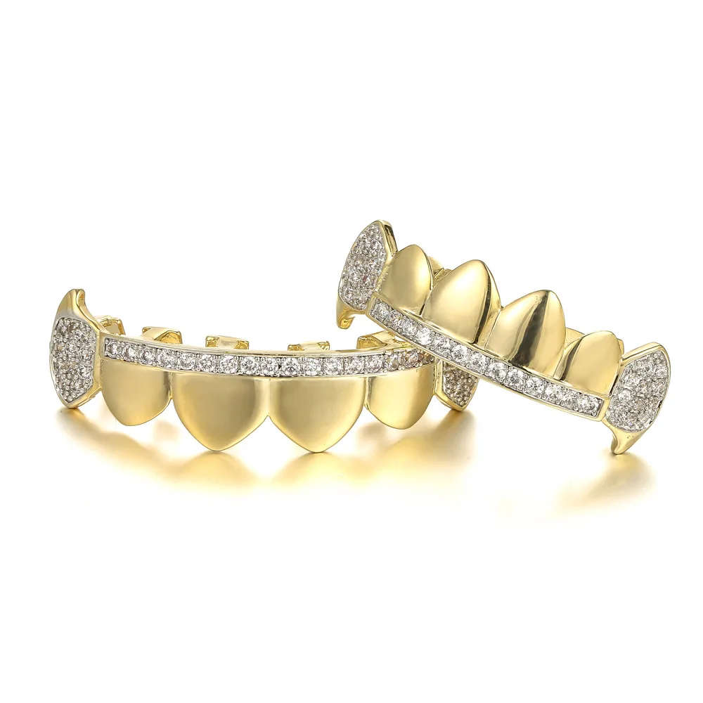 Tapas de circonia cúbica para hombres y mujeres, juego de parrillas con encanto superior e inferior, CZ Teeth Grillz, Iced Out, Micro Pave, rapero, regalo de joyería