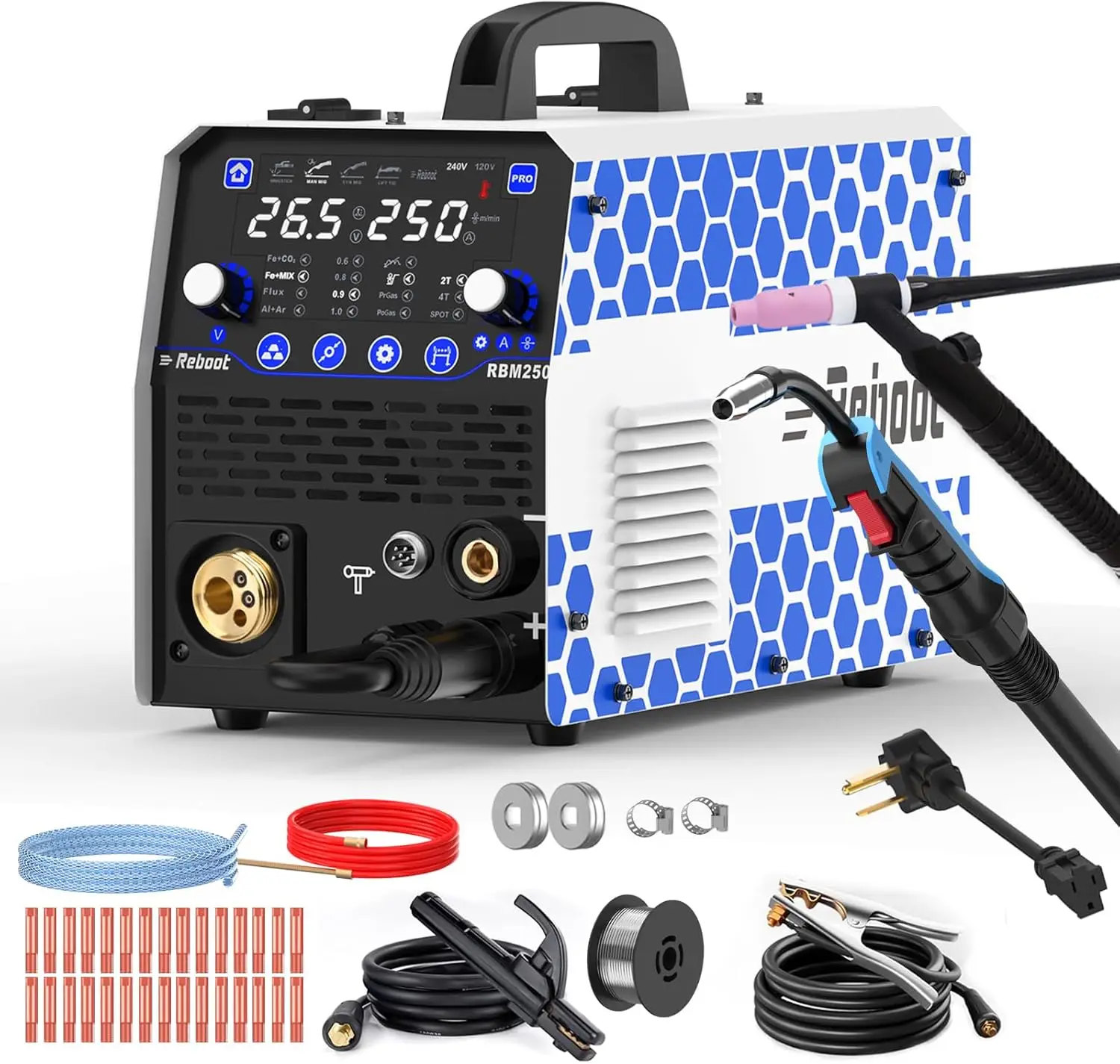 Reboot RBM2500 PRO 250A 120/240V 8-in-1 Welder, TIG Torch, Dual Aluminum Modes, Gas/Gasless MIG/MAG/TIG/Stick/Spot/Spool Gun