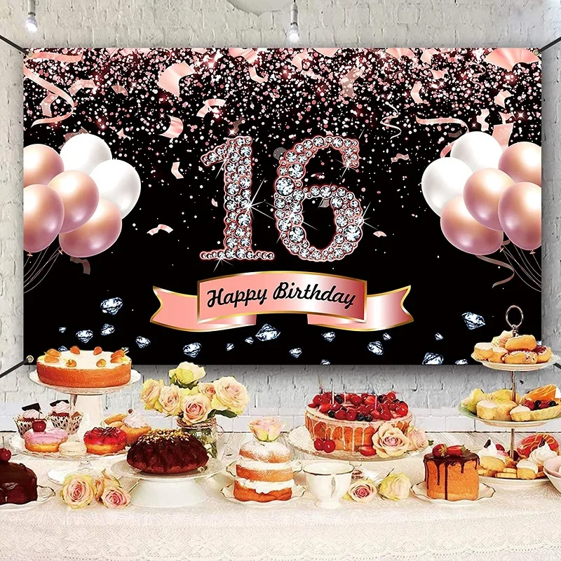 Sweet Rose Gold 16 Photo Backdrop Girls Boy Happy Birthday Party Sixteen Years Old Photograph Background Banner Decoration Prop