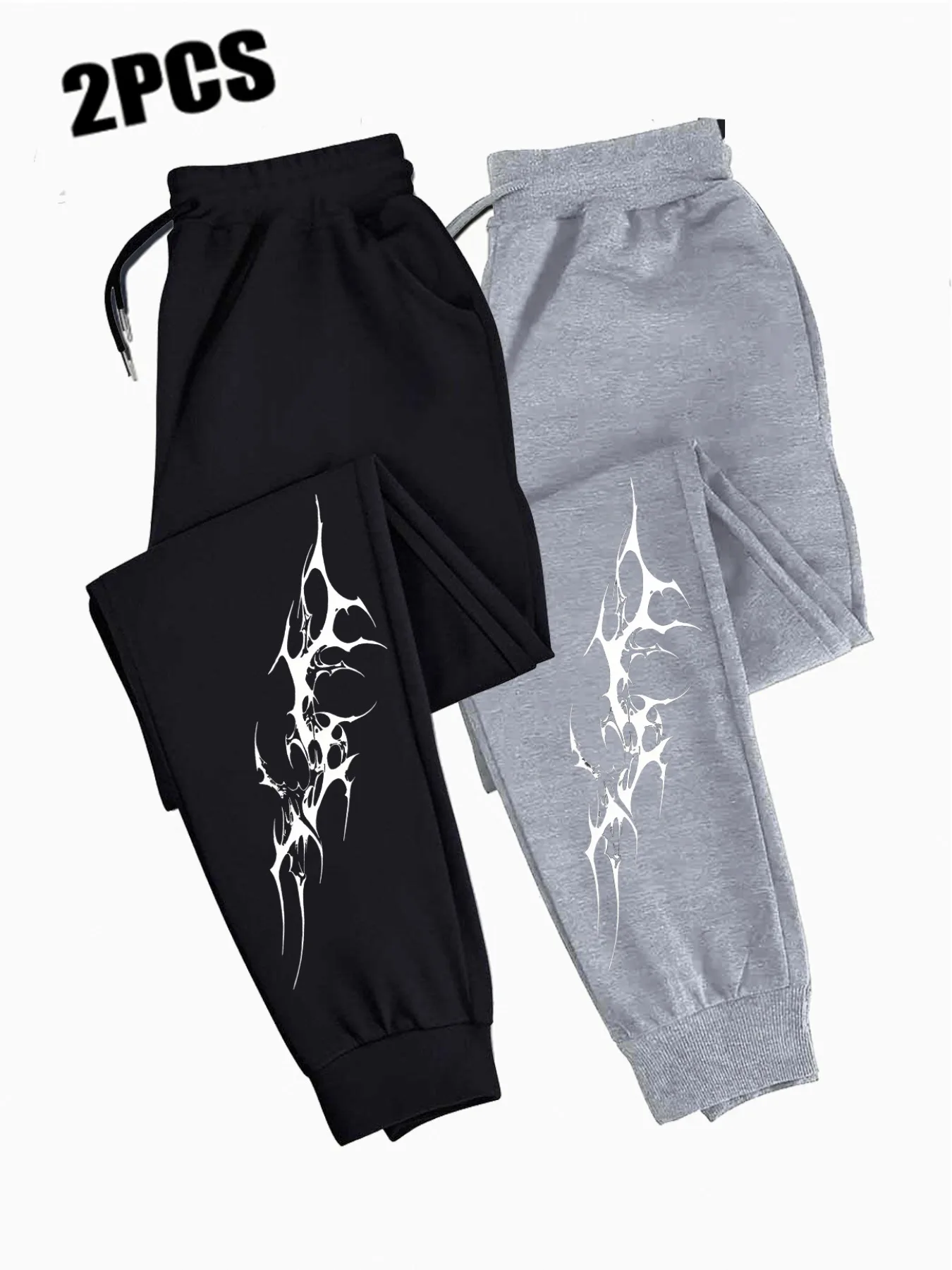2 Pack Men Jogger Pants Gothic Thorn Pattern Graphic Print Sweatpants Elastic Drawstring Cuffed Casual Sports Trousers
