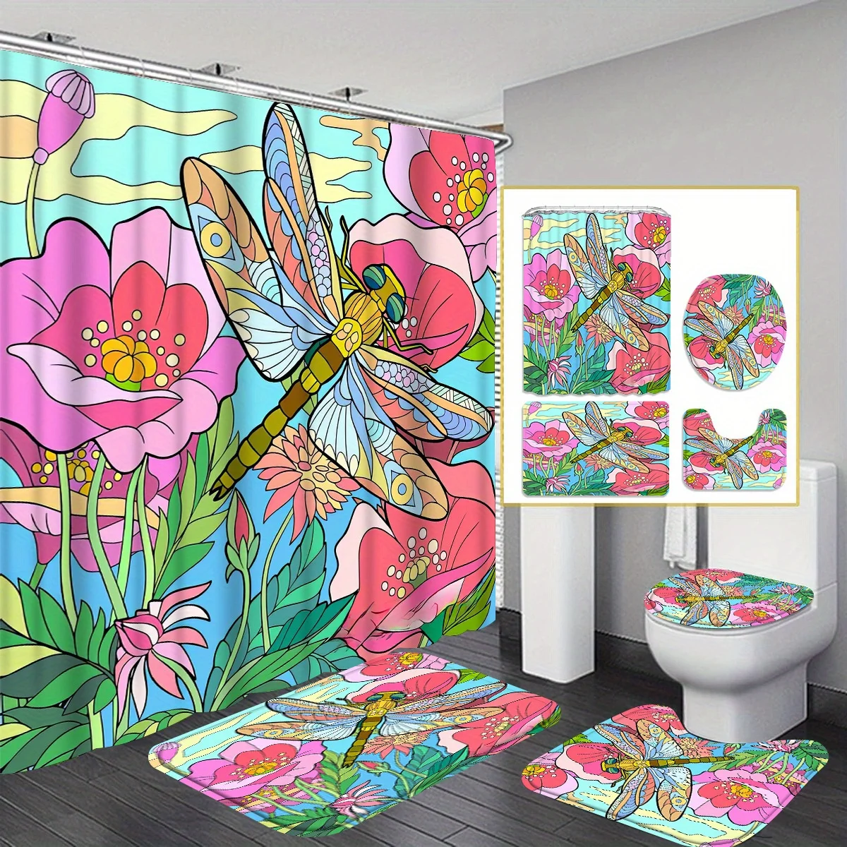 

Dragonfly 4pcs Bathroom Set, Shower Curtain, Absorbent Bathroom Floor Carpet, U-Shaped Contour Rug & Toilet Lid Mat, for Bat
