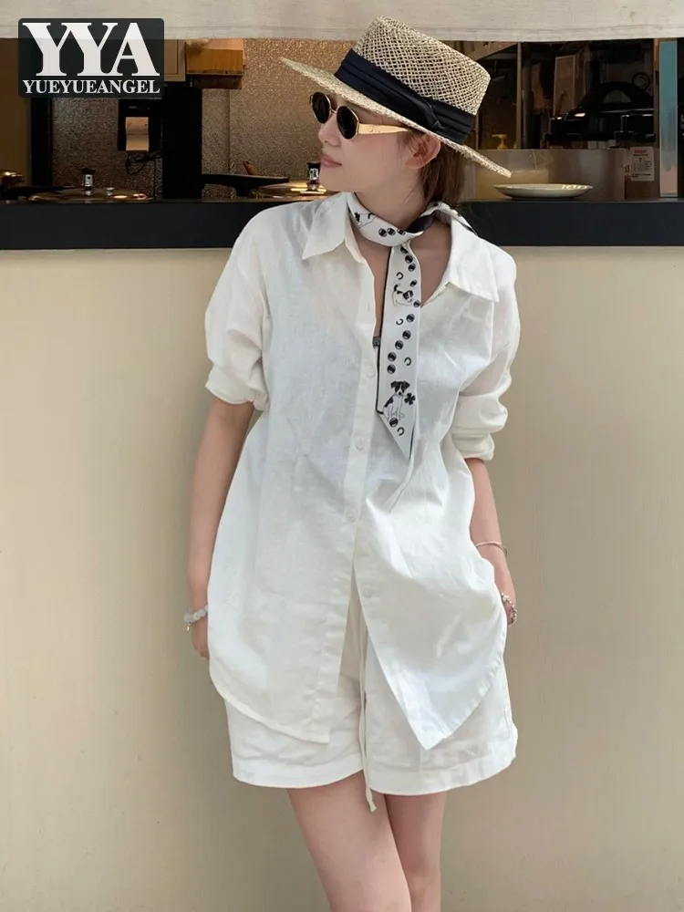 

Women Summer Cool Thin Linen Shirt Sets Turndown Collar Long Sleeve Single Breasted Top Outfits Drawstring Shorts Two-Piece Set