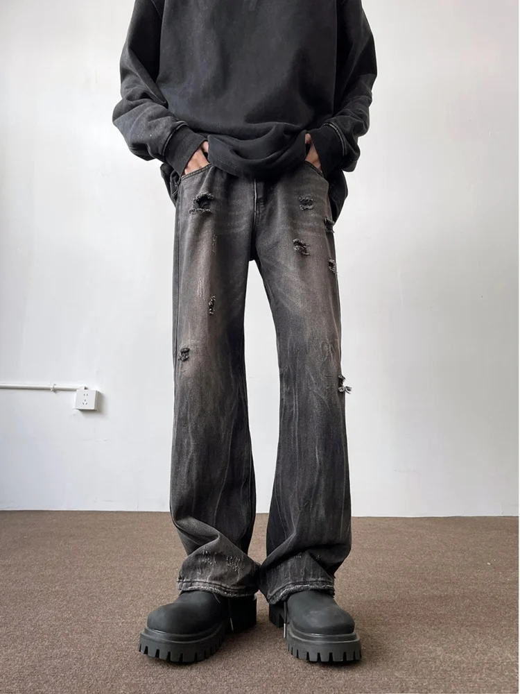 

Рваные черные джинсы мужские летние 2024: Новинка в американском ретро-стиле, свободные прямые брюки для молодежи, износостойкие