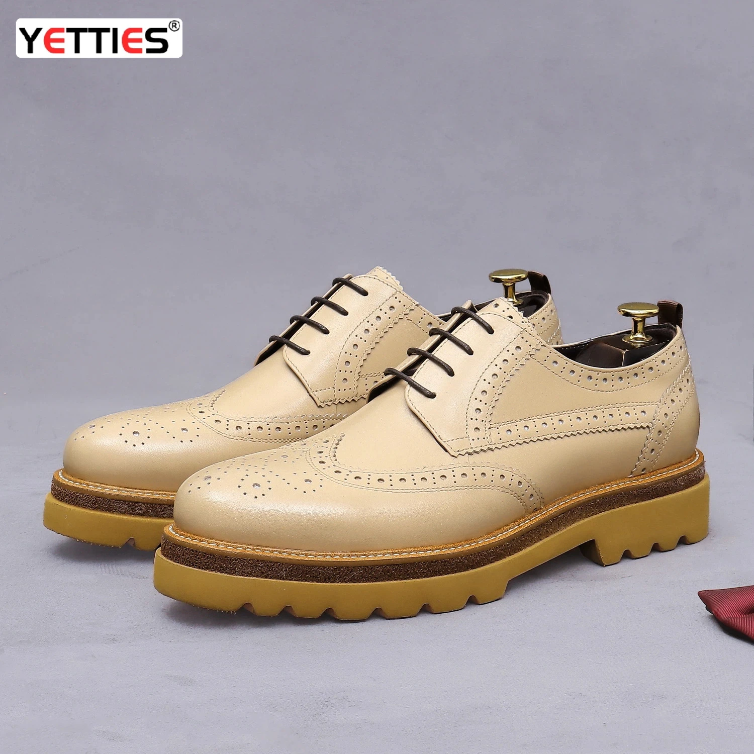 

YETTIES Men's New Genuine Cowhide Leather Business Derby Brogue Shoes Height-Increasing Chunky Sole Lightweight Formal Footwear