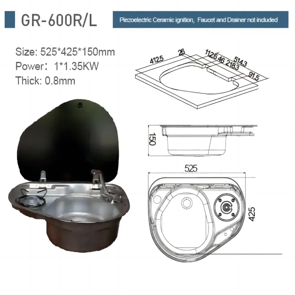 1 Burner Gas Stove Hob Sink Combo Tempered Glass 525*425*150mm Boat RV GR-600R