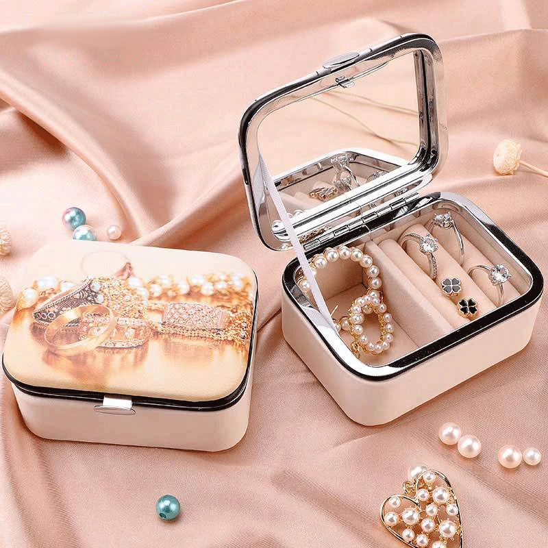 Portable Jewelry Storage Box With Mirror PU Leather Earring Ring Necklace Storage Box Jewelry Organizer Display Travel Case