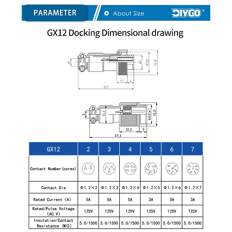 GX12 버트 타입 항공 플러그 소켓, 12mm 에어로 암수 전기 케이블 와이어 커넥터, DIY GO, 1 세트, 2 핀, 3 핀, 4 핀, 5 핀, 6/7 핀