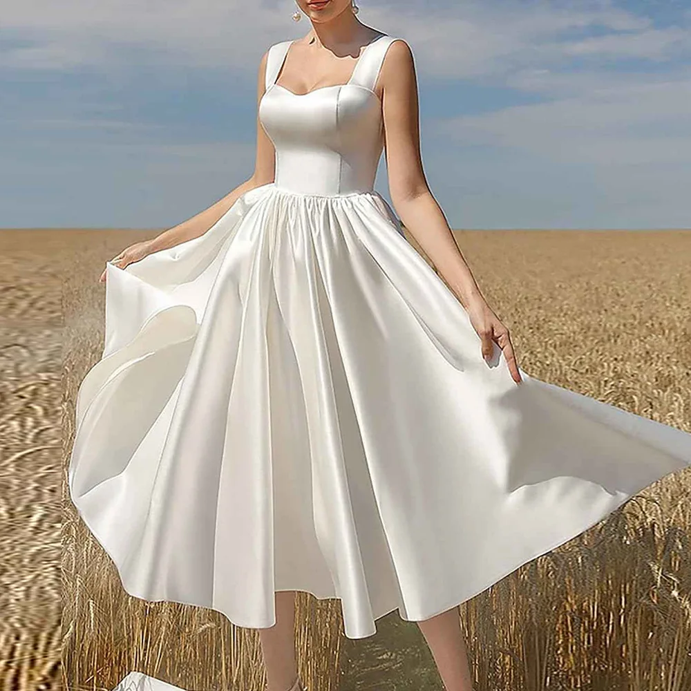 

Sweetheart Neck Tea Length Wedding Dresses Lace Up A Line Bridal Gown Satin Vintage Wedding Gown Formal Evening Gowns Prom Dress