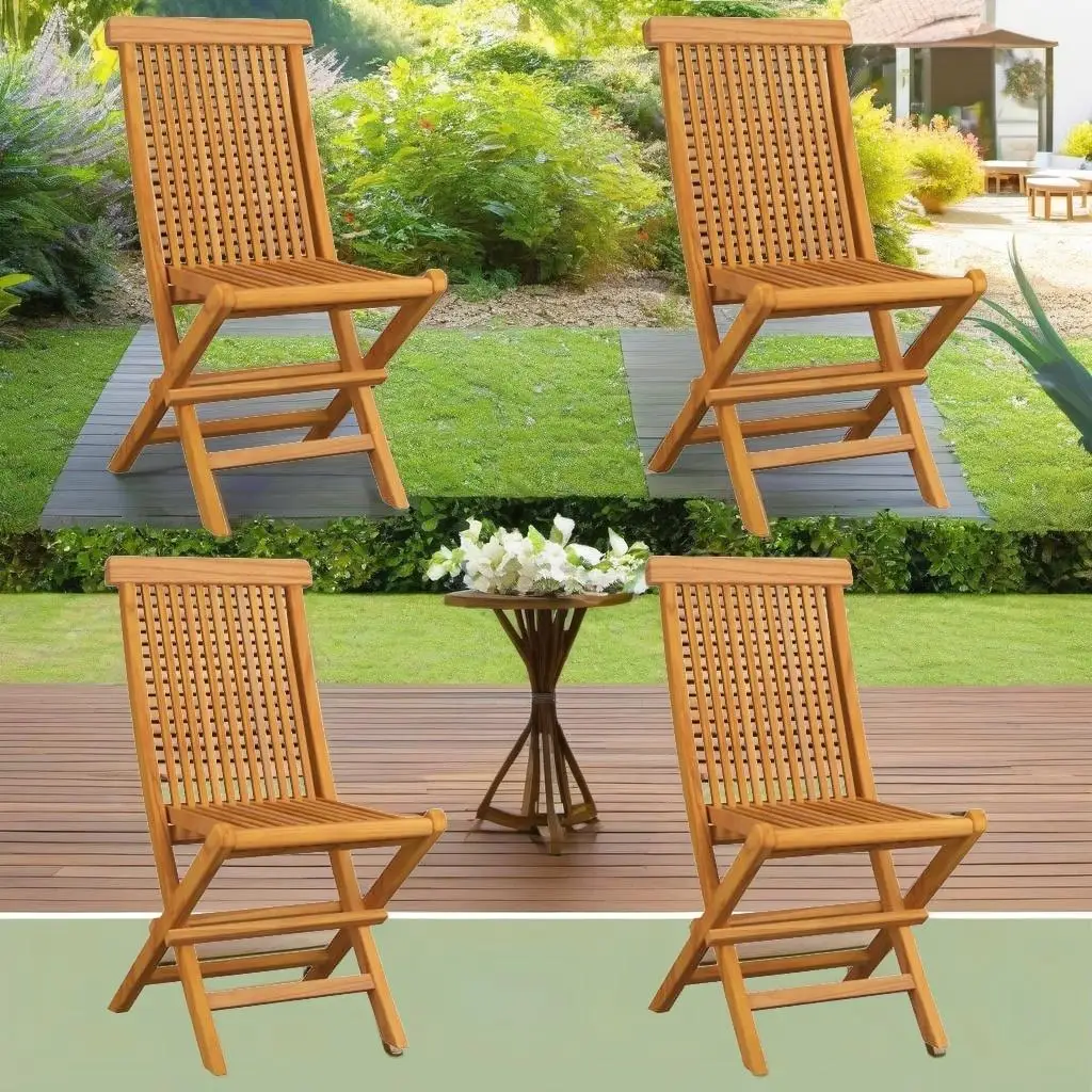 

Set of 4 Solid Teak Wood Patio Chairs with Light Blue Cushions for Outdoor Comfort