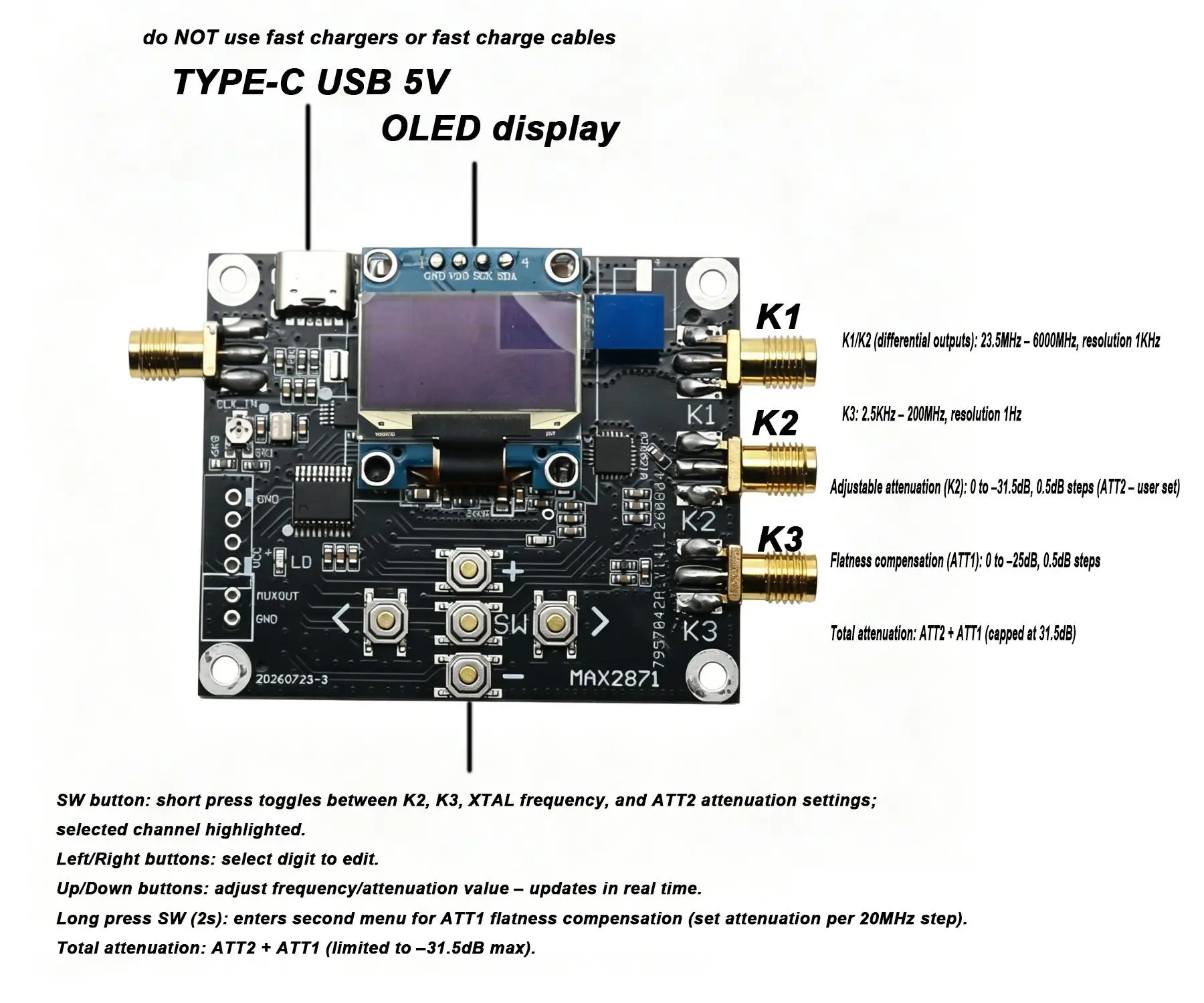 DYKB RF Signal Generator MAX2871 SI5351 2.5KHz-6GHz OLED Attenuator -31.5dB For Ham Radio VFO & Oscillator Module & Test Kit