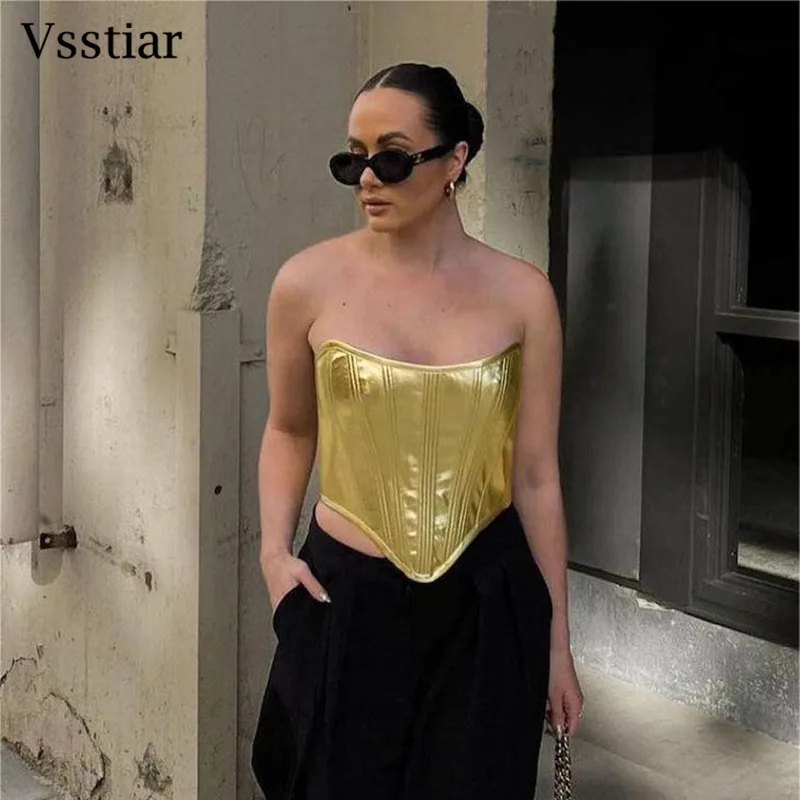 Vsstiar Fashion Bright PU Women Tanks Top Sexy Backless Lace Up Bustier Tops Silver Gold Off Shoulder Party Club Corset Vest