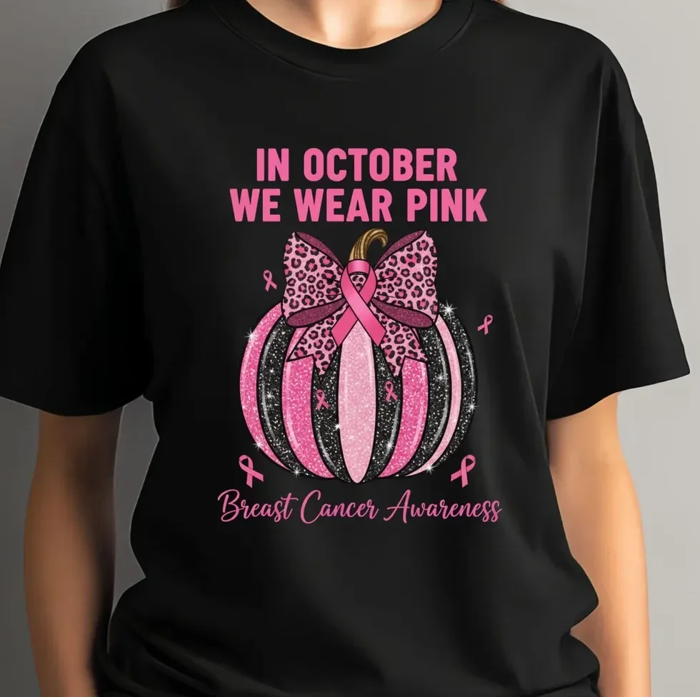 

In October We Wear Pink Printed Women Tee Shirts T-Shirt Casual O-Neck Clothes Hip Hop Short Sleeve