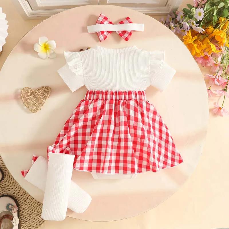 0-18 Months Baby Girl Clothing 3Piece Outfits Summer Checkered Dress Bodysuits+Foot Covers+Headband Newborn Set