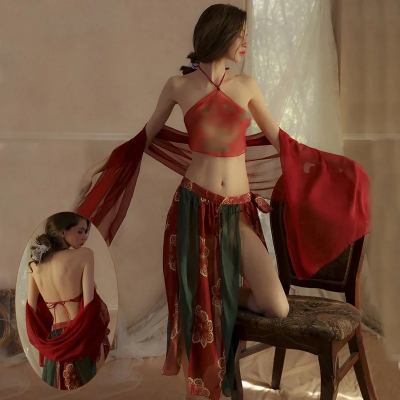 

Сексуальное эротическое белье в китайском стиле, пижамы Hanfu Dunhuang Flying Phoenix, женский комплект нагрудников, прозрачная древняя униформа, оптовая продажа