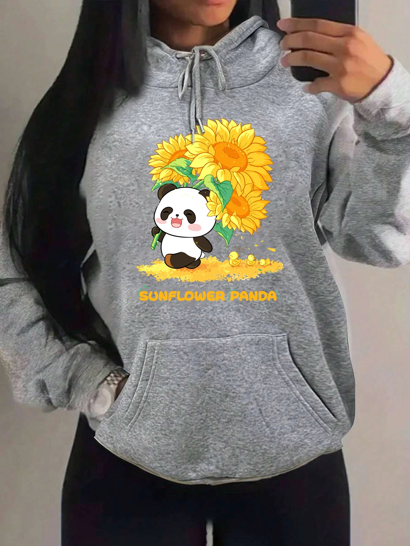 

Happy Sunflower Panda Cartoon Printed Women Hoodie Autumn Loose Hoody Fashion Y2K Pullover Vintage Fleece Unisex Sportswear