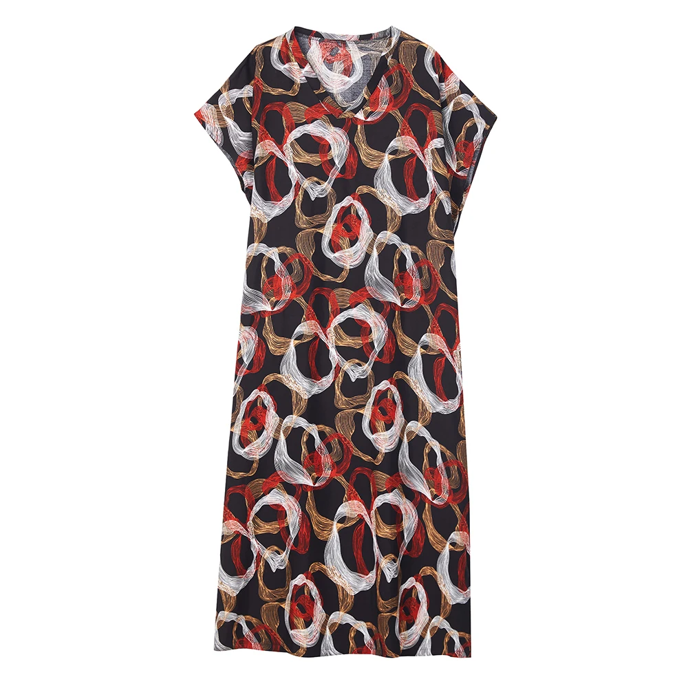 Gaun katun sutra longgar model batwing dengan kerah V, motif print, untuk wanita, cocok untuk liburan musim panas, dengan lengan panjang lurus.