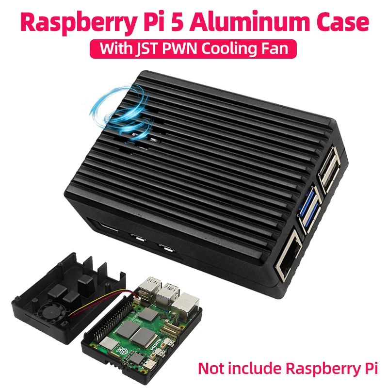 Raspberry Pi 5 Aluminum Case Passive Cooling Built-in Adjustable Speed JST PWM Fan Armored Shell