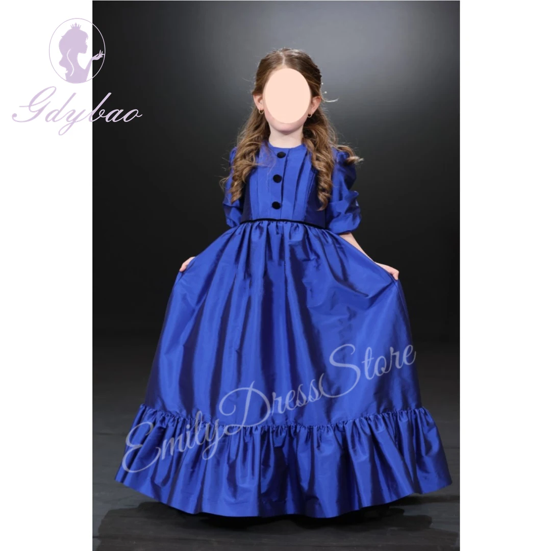 Royal Blue Satin Puffy Flower Girl Dress For Wedding 3/4 Sleeves O Neck First Communion Kids Birthday Party Dress Ball Gown