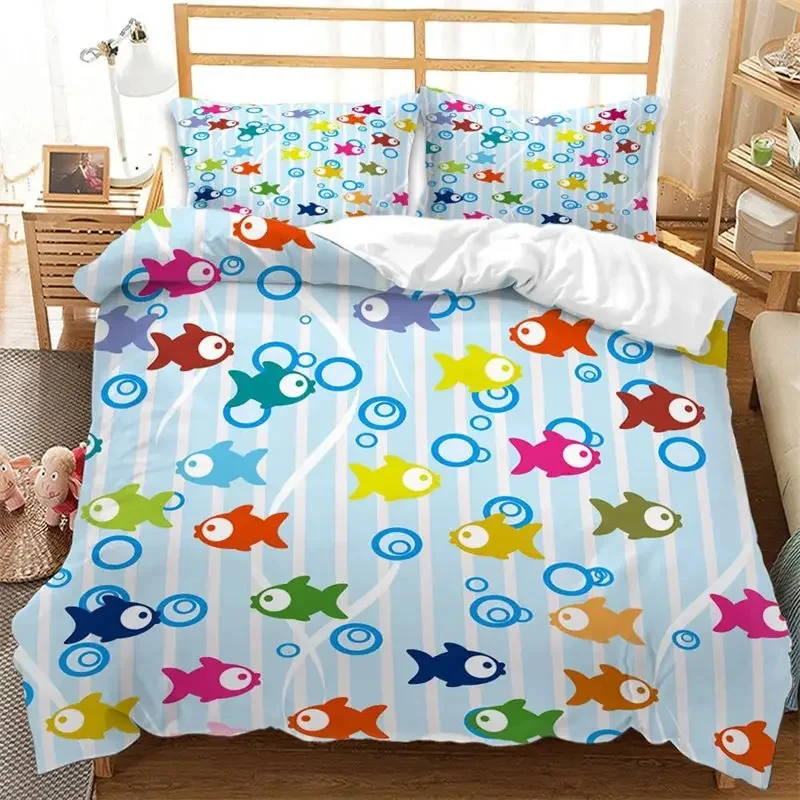 Cartoon Ocean Fish Duvet Cover Microfiber Sea Underwater World Comforter Cover Full King For Boys Girls Marine Theme Bedding Set