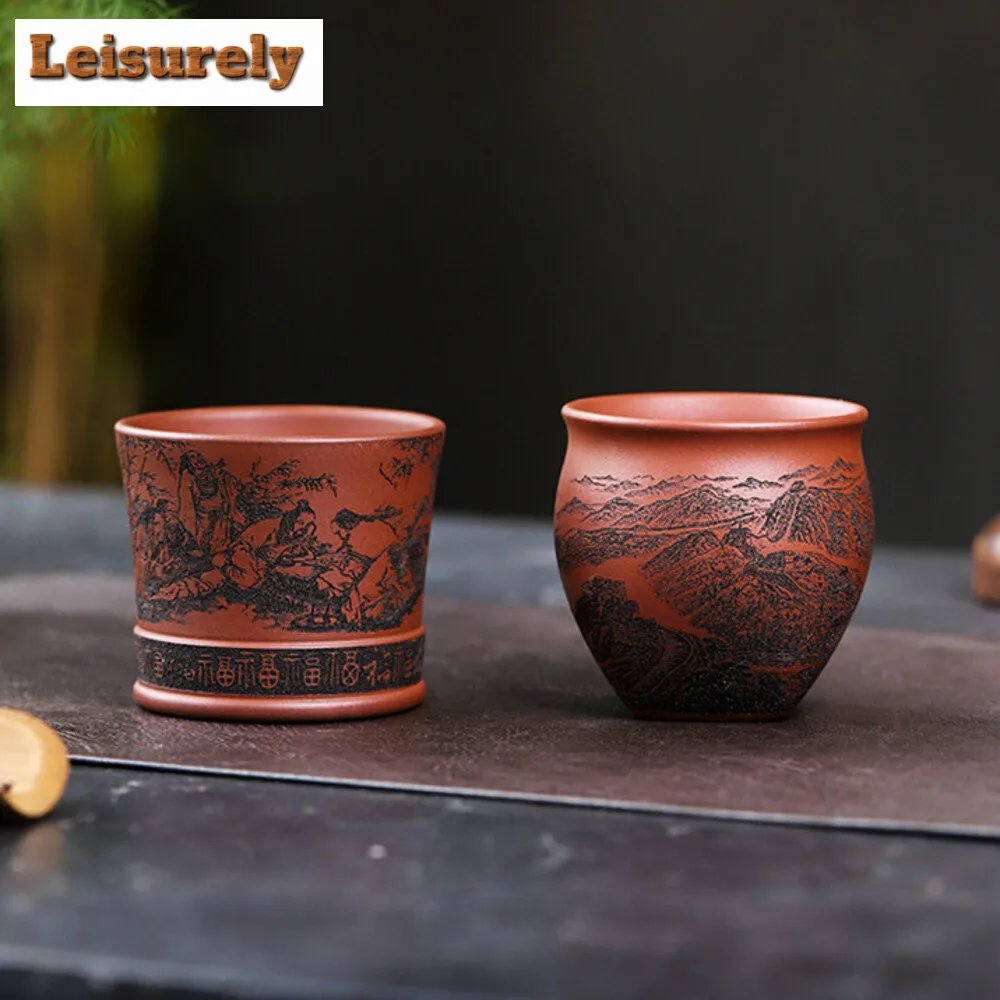 

Master Handmade Engrave Landscape Teacup Yixing Purple Clay Cup Raw Ore Mug Master Cup Tasting Tea Bowl Chinese Zisha Teaware