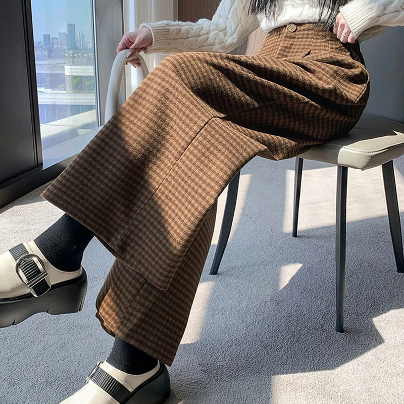 

QOERLIN Retro Plaid Suit Pants For Women's Clothing 2024 Autumn Winter New Woolen High Waist Straight Leg Casual Wide Leg Pants