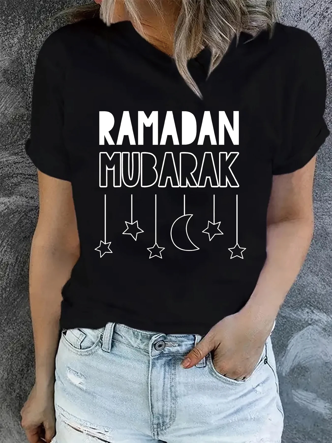 2024 Ramadan star and the moon Graphic Funny T-Shirt Women Summer Fashion Harajuku Casual Round Neck Short Creative top tee