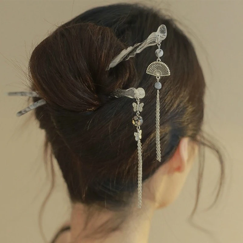 

New Chinese Style Fans Tassels Hair Sticks High-End Cool Refreshing Temperament for Women Ancient Style Cheongsam Hair Accessory