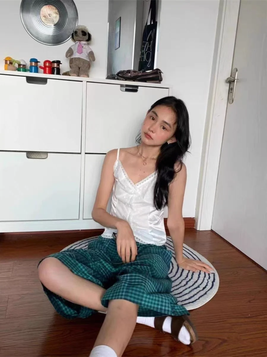 Celana Pendek Wanita Vintage Motif Kotak-kotak Hijau 2025 - Celana 7/8 Longgar Berpinggang Tinggi, Streetwear Kasual Lucu untuk Musim Semi Musim Panas Y2K emo