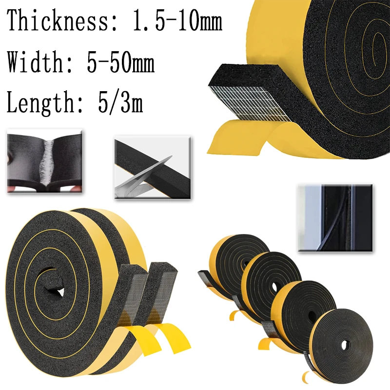 Rubber Self Adhesive Sponge Seal Strip Single Sided Adhesive EVA Black Foam Anti-collision Seal Gasket Width5-50mm Thick 5/3mm