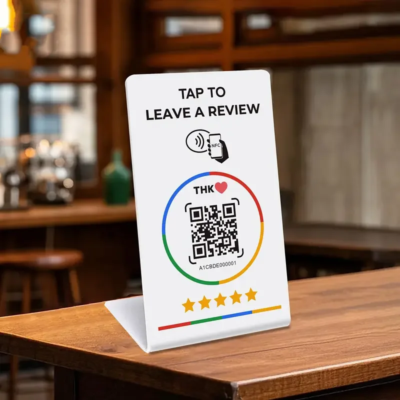Tarjeta de revisión de Google con código QR programable de 13,56 Mhz, mesa de estación NFC, visualización de reseñas de Google, soporte de pie para tarjeta doblada