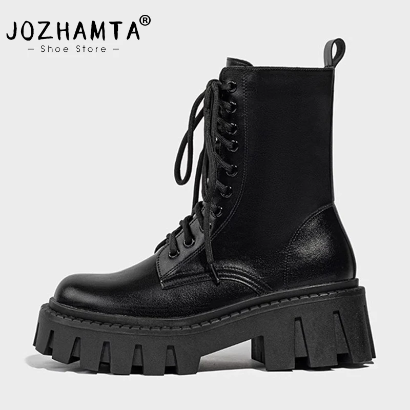 JOZHAMTA Size 35-40 Women Ankle Boots Real Leather Thick High Heels Shoes Fall Winter 2025 Platform Short Booties Casual Dress