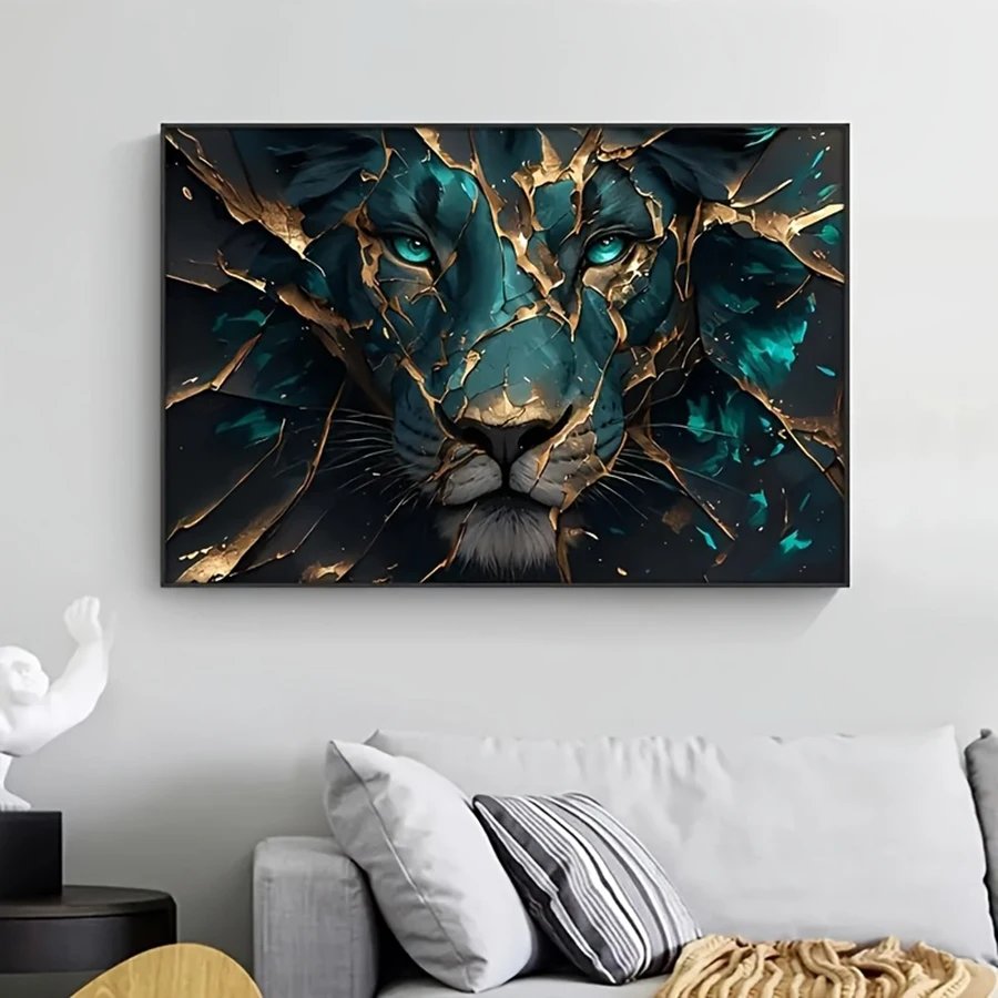 Green Lion Canvas Art Print - Golden Fractured Style, No Framed Abstract Animal Wall Decor, Perfect for Living Room, Bedroom, or