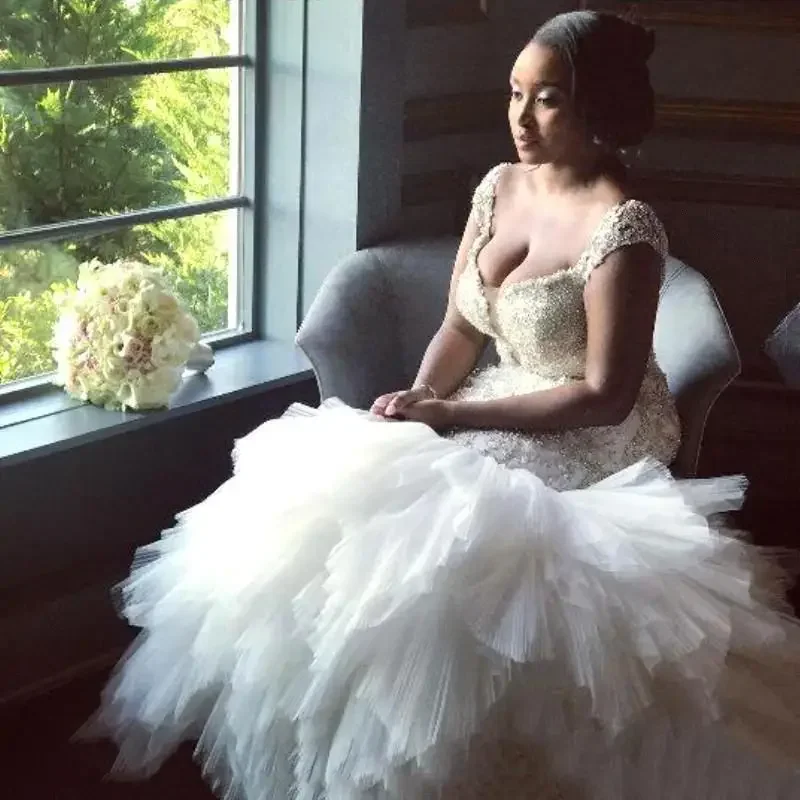 

Customized Vestidos De Noiva African Mermaid Wedding Dresses Ruffled Beaded Crystal Court Train Backless Bridal Gowns