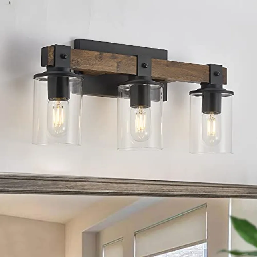 

Farmhouse Vanity Light Fixture, Bathroom Wood Wall Light Over Mirror with Clear Glass Shade, Rustic Vintage Wall Sconce Lightin