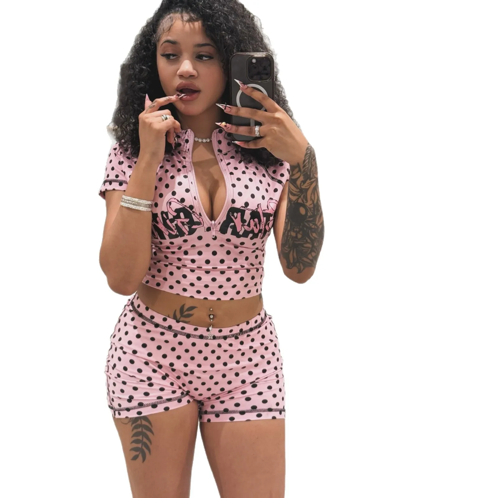 New Fashionable And Sexy Letter Printed Open Line Design Slim Fit Hooded Zipper Short Jacket Shorts Set Polka Dot Two-piece Set - view 6