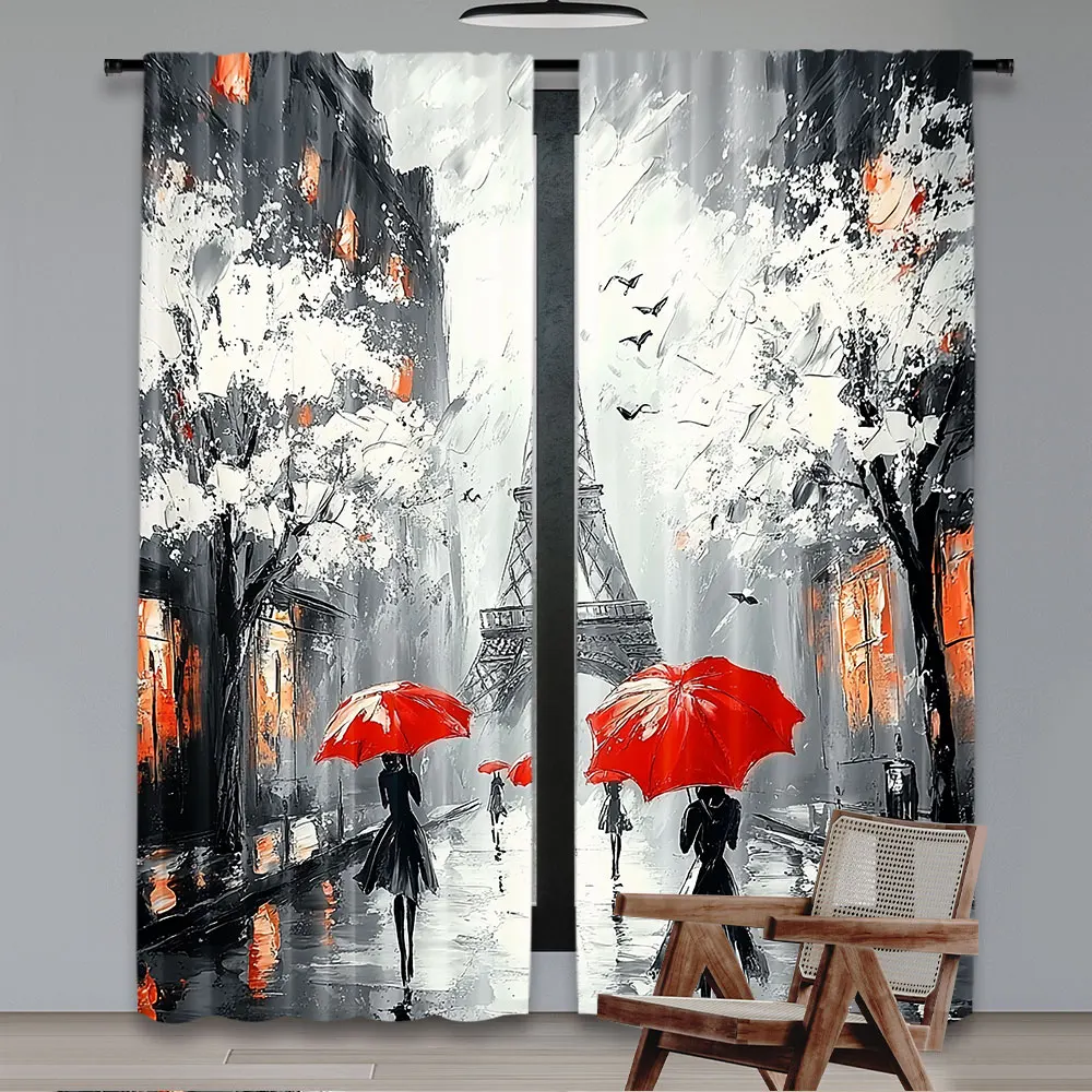 2Pcs Curtain Paris Eiffel Tower City Landscape Art France Colorful Suitable For Living Room Bedroom Kitchen And Bathroom