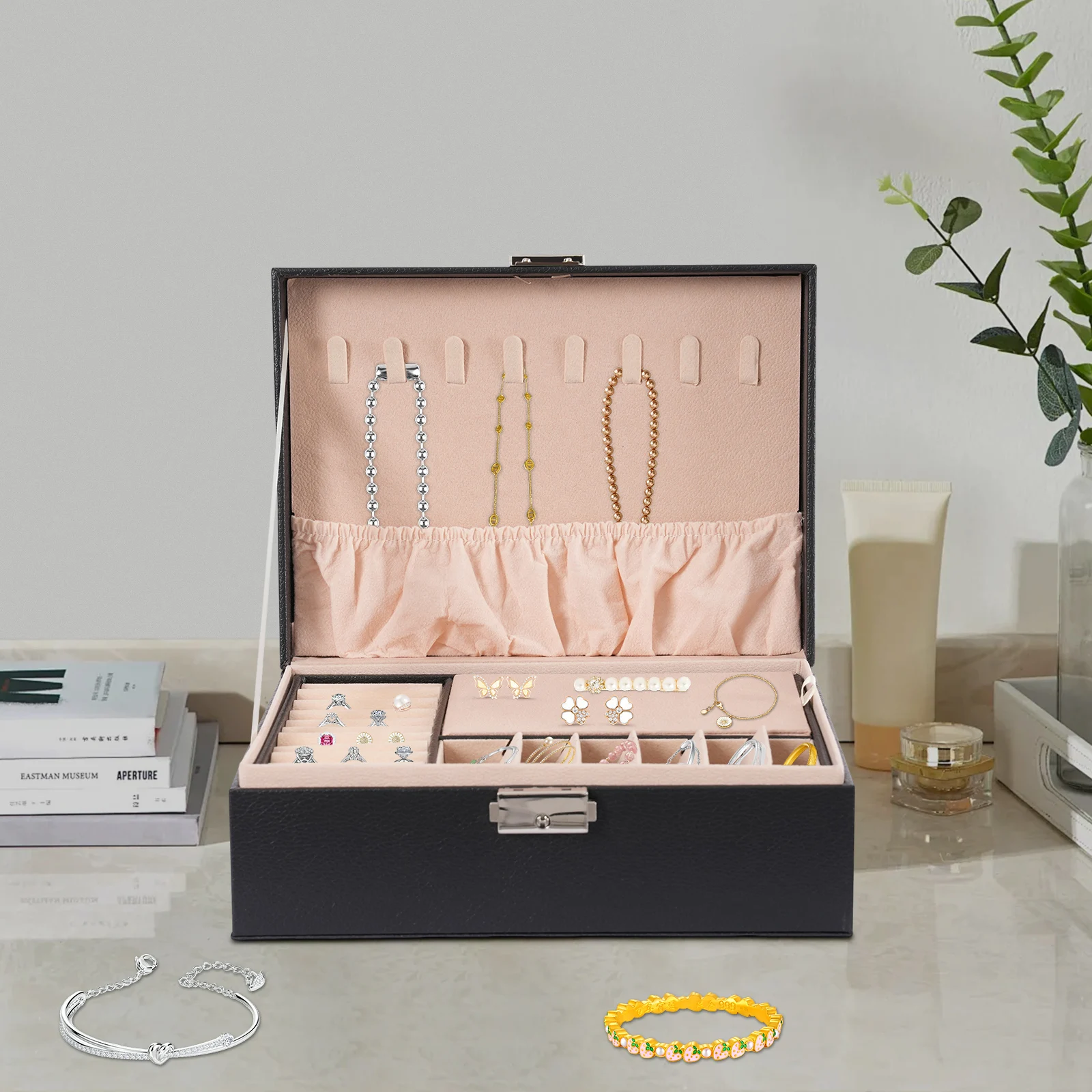 

2-слойный органайзер для шкатулки для драгоценностей из ПВХ с замком и ключом — черный дорожный футляр для хранения ювелирных изделий для женщин, водонепроницаемый компактный