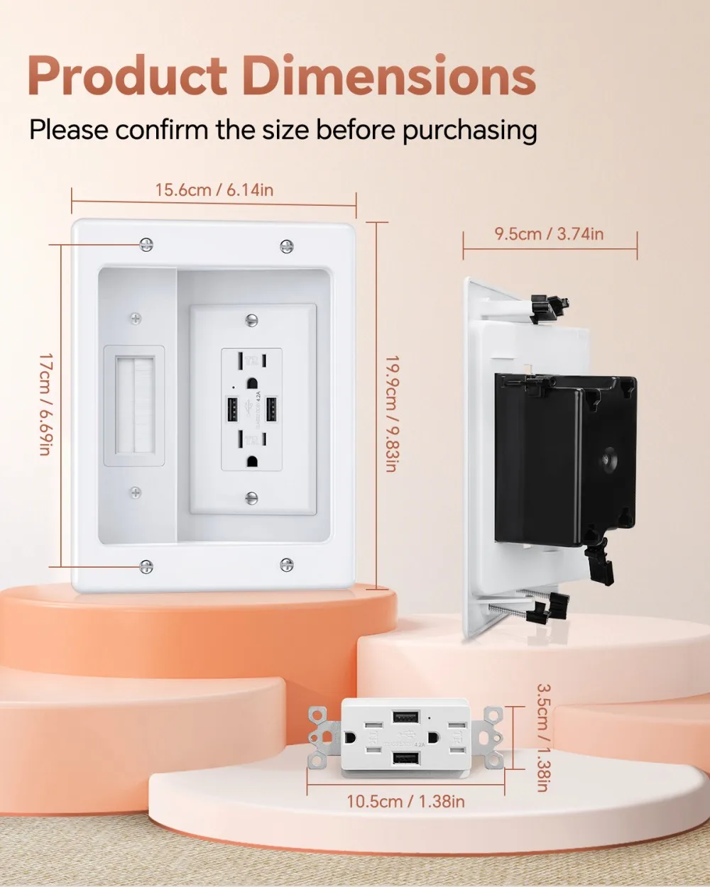 Awapow Recessed Outlet Box in Wall Cable Management Kit 4.2A Dual USB Socket Brush Panel Hide TV Power Cable & Low Voltage Wires