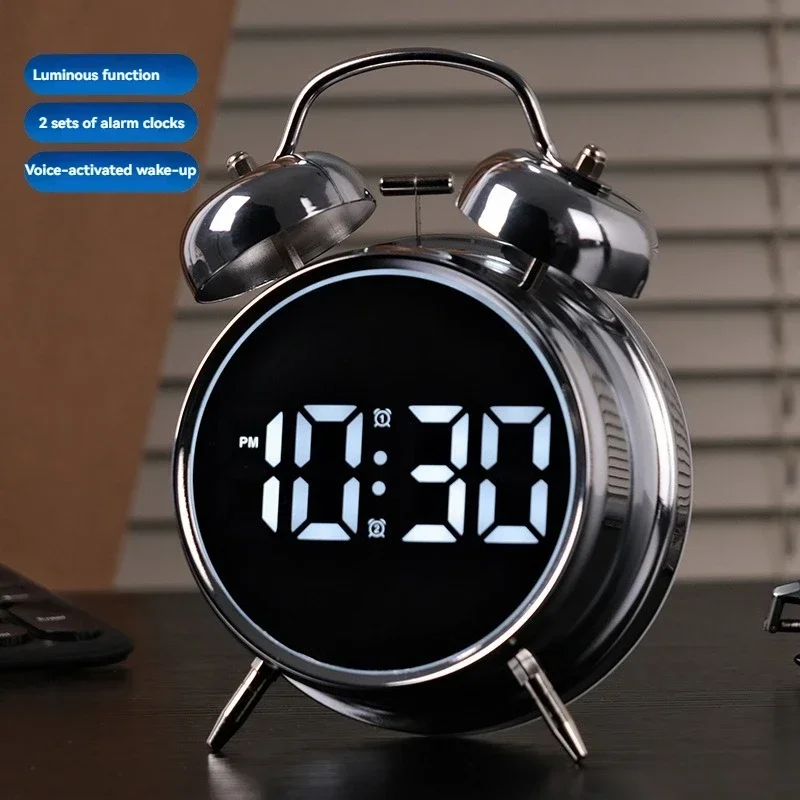 Multifunctional Extra Large Metal Alarm Clock with LED Screen Plug-In Children's Clock for Heavy Sleepers