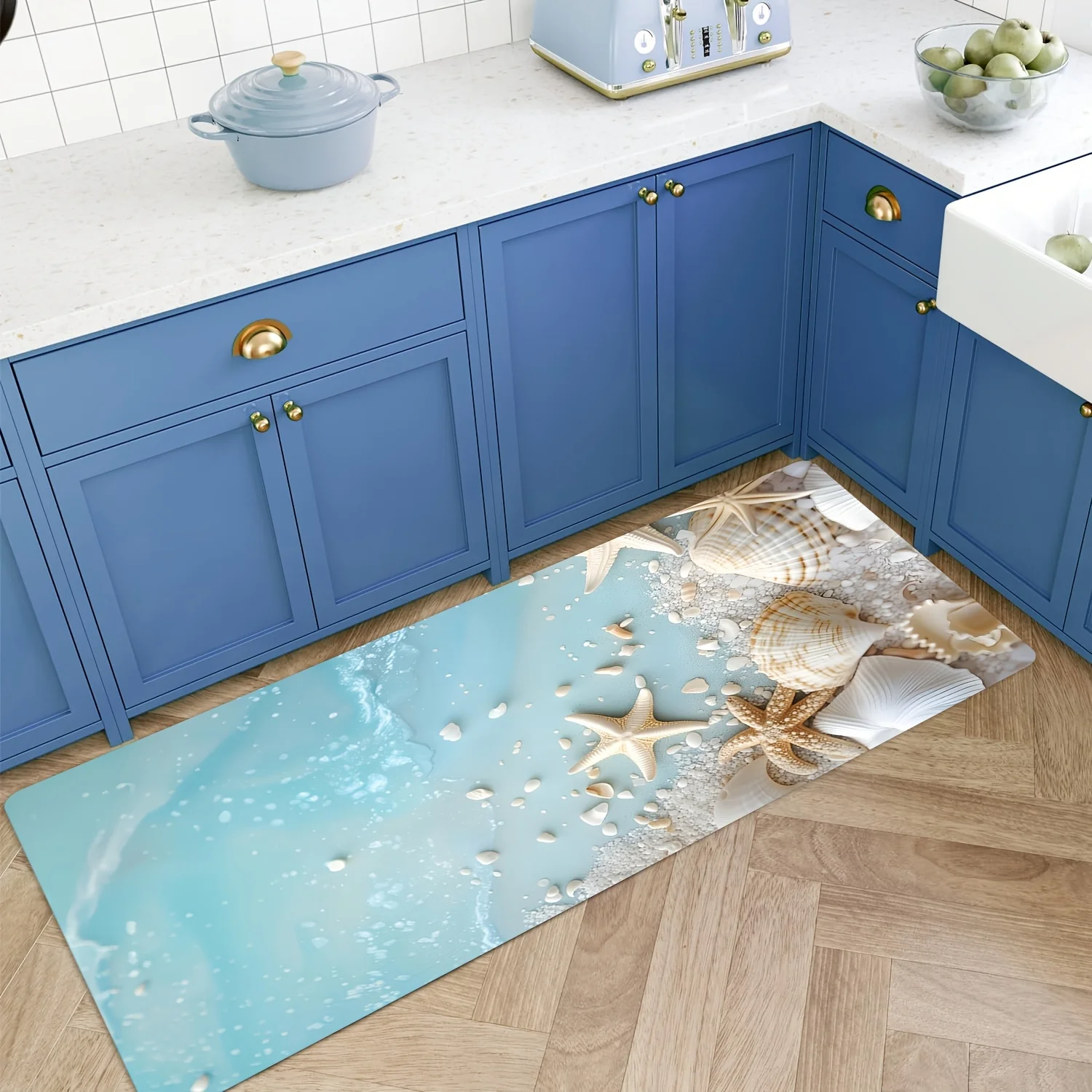 Blue Ocean Beach Runner Mat Anti Slip Water Absorbent Starfish Shell Sand Decor Print Carpet for Kitchen Bedroom Bathroom Floor