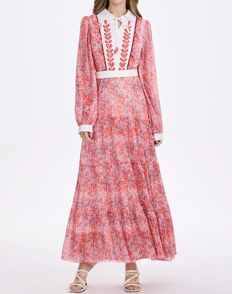 

Элегантное платье с цветочным принтом, женское платье с длинным рукавом и отложным воротником, шикарное макси-платье, облегающее винтажное платье с высокой талией, женская одежда