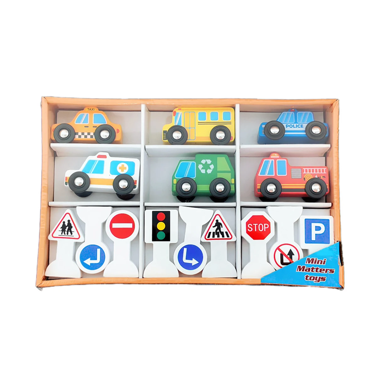 Wooden Cars Toy Set With 9 Traffic Signs and 6 Cars, Push And Go Wooden Vehicle Toys, Ideas Birthday Gift For Kids Ages 3+