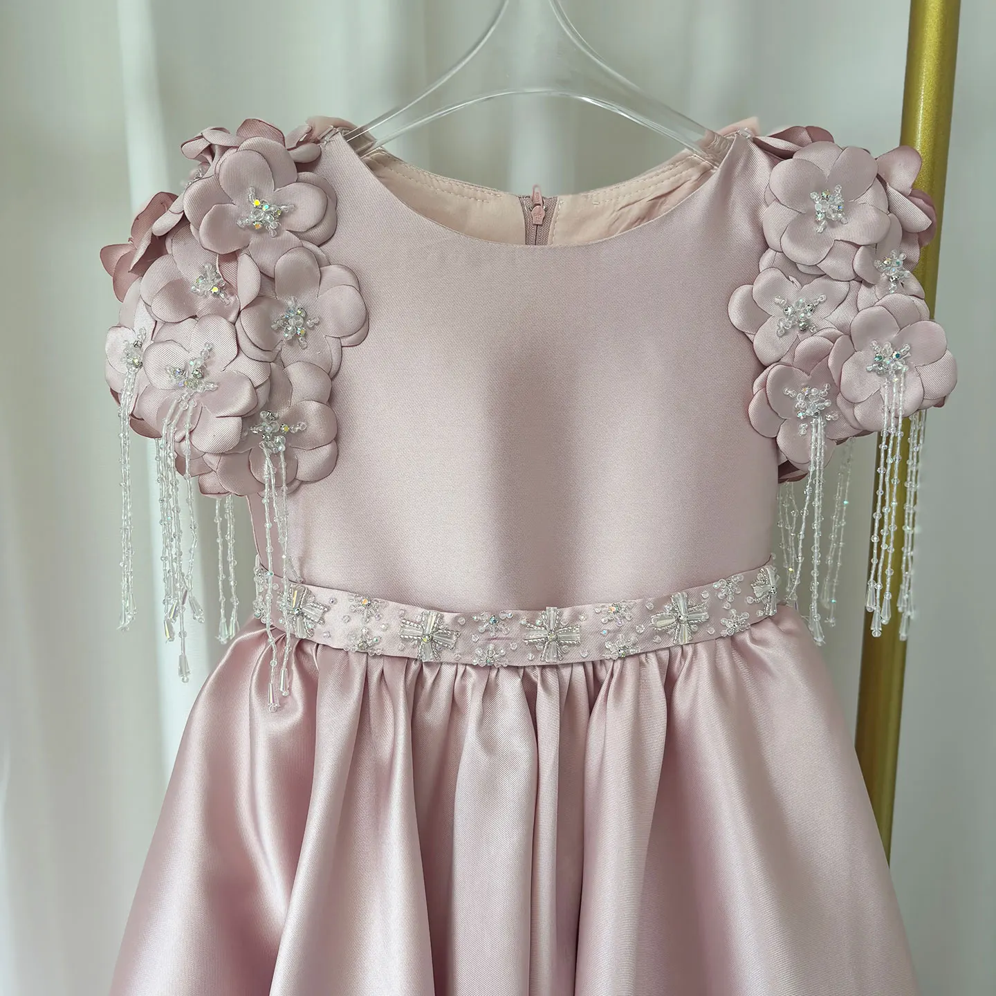 Jill Wish-Vestido de luxo Dusty Pink Girl com boné, frisas árabes, flores artesanais, vestido de princesa, casamento, festa de aniversário, crianças, J037