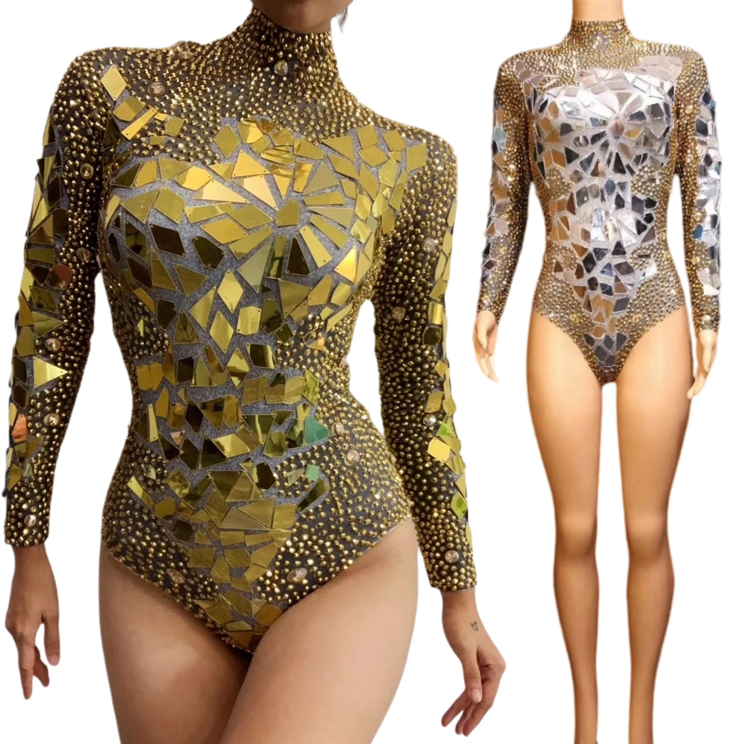 

Gold Silver Mirror Rhinestone Tight Fitting Bodysuit Long Sleeve Sparkly Stage Show Outfit Dancer Carnival Club Wear Jinpingzi