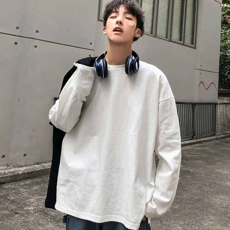 Side Slit Solid O Neck Long Sleeve Overiszed Korean Fashion Casual 2022 Loose New Hoodie Autumn Spring Clothes Men Harajuku Top