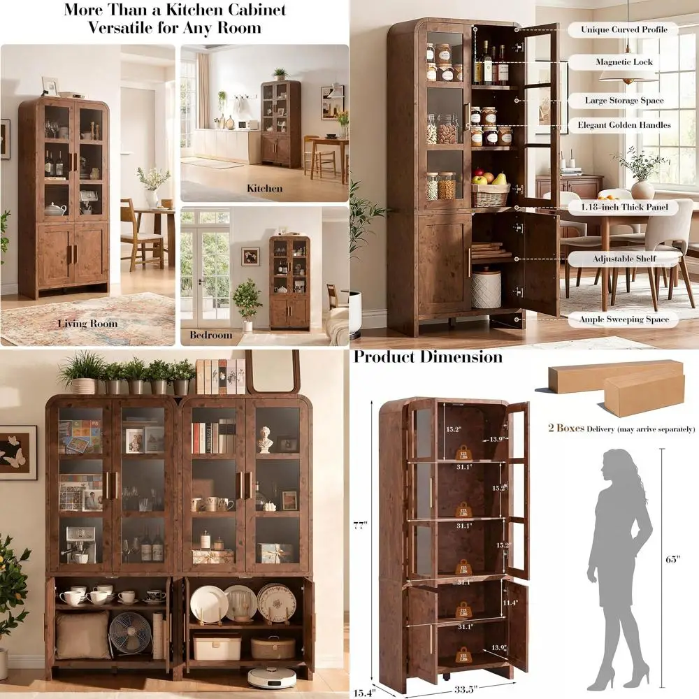 

77 Tall Wooden Curved Kitchen Pantry Cabinet with Adjustable Shelves for Cupboard, Dining, Living, and Bathroom Storage