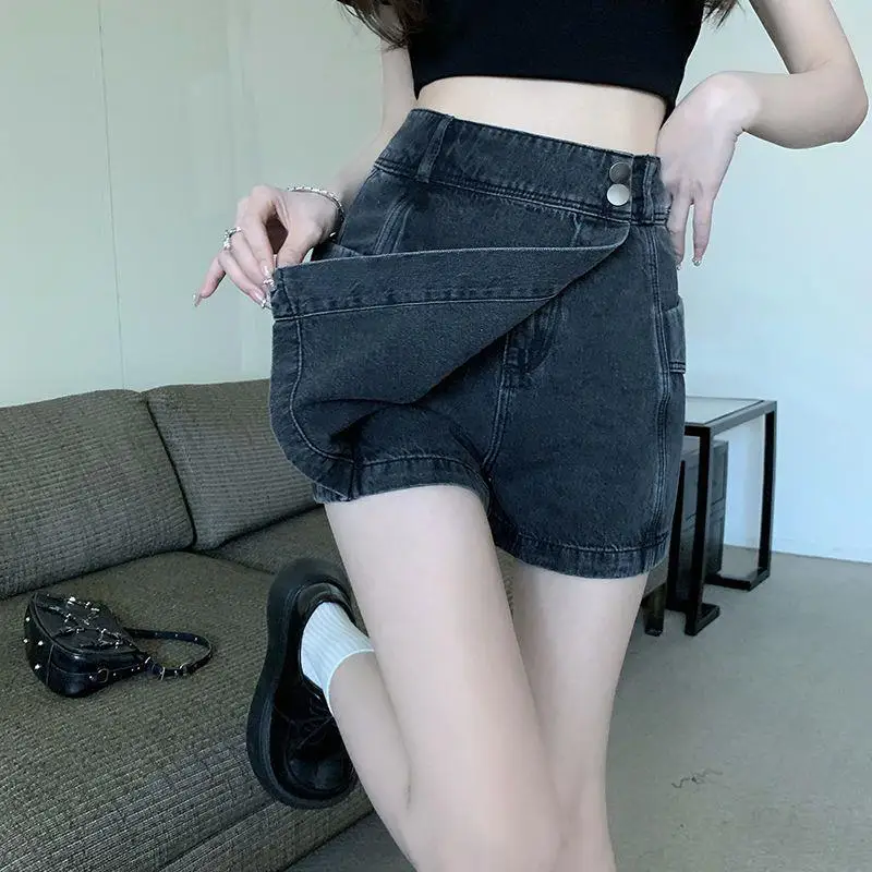 

Retro High Waist Denim orts Women Summer Loose Slimming Hip Covering Design American Sle Hot Girl Skirt Pants Cotton Elas...