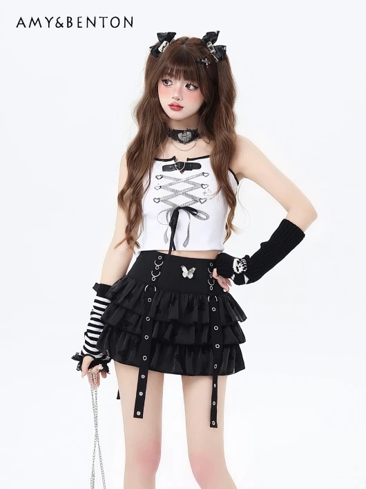 Subculture Punk Bow Print Lace-up Slim Mini Skirt Women Summer Hot Girl Y2K High Waist A-line Skirts Gothic Multi Layered Skirt