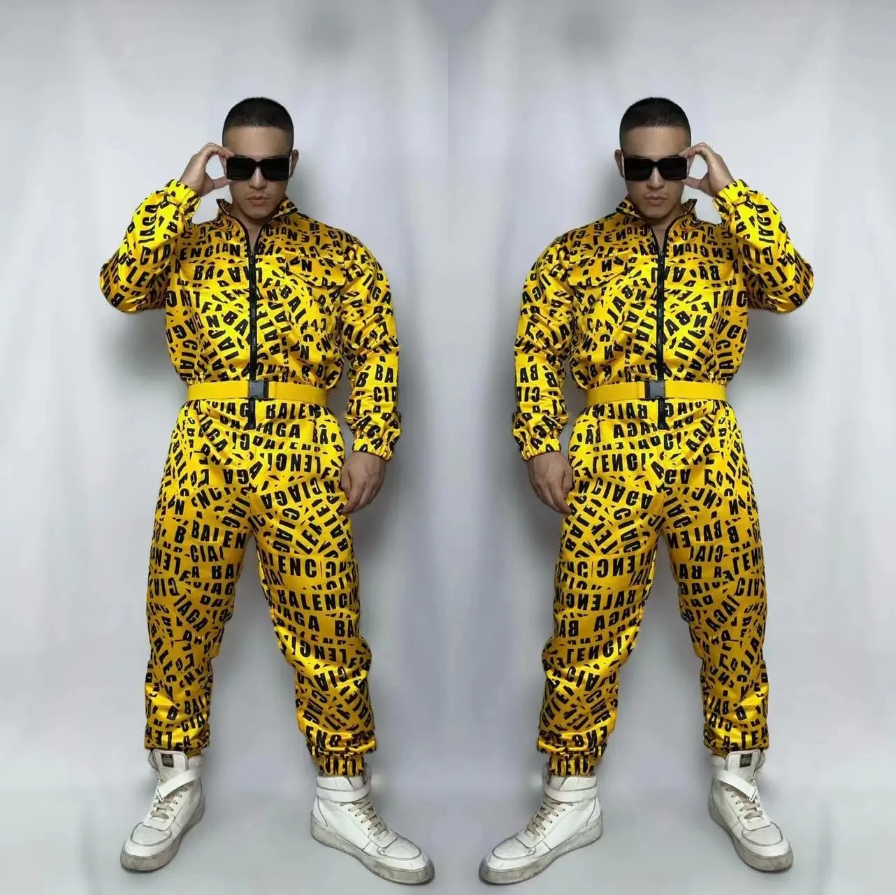 Yellow Letter Pattern Print Zipper Long Sleeve Jumpsuit Overalls+Belt Hip Hop Jazz Dance Singer Bar Nightclub Show Stage Costume