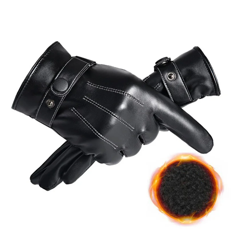 

Men Winter PU Leather Black Gloves Button Warm Mittens Outdoor Sports Driving Skiing Men's Windproof Gloves Winter Supplies